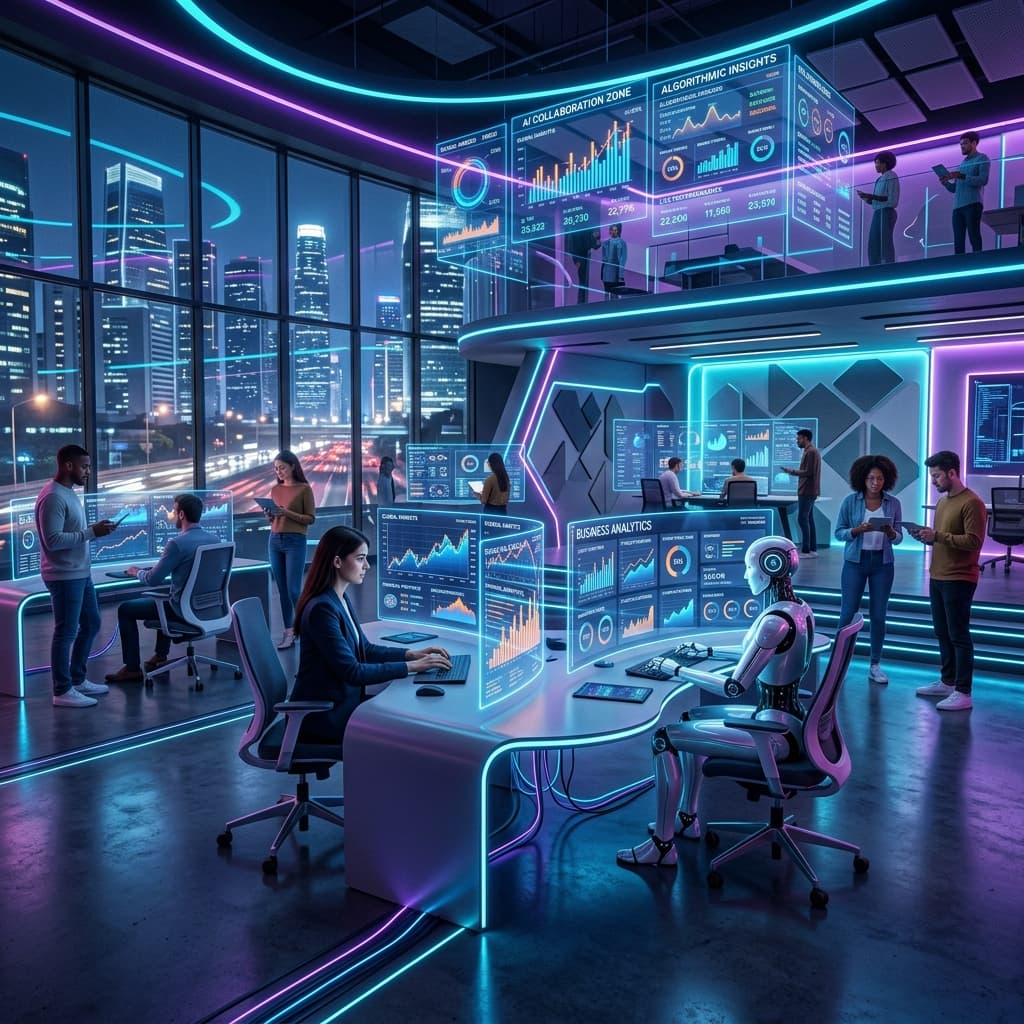 Ambiente corporativo futurista com displays holográficos de IA