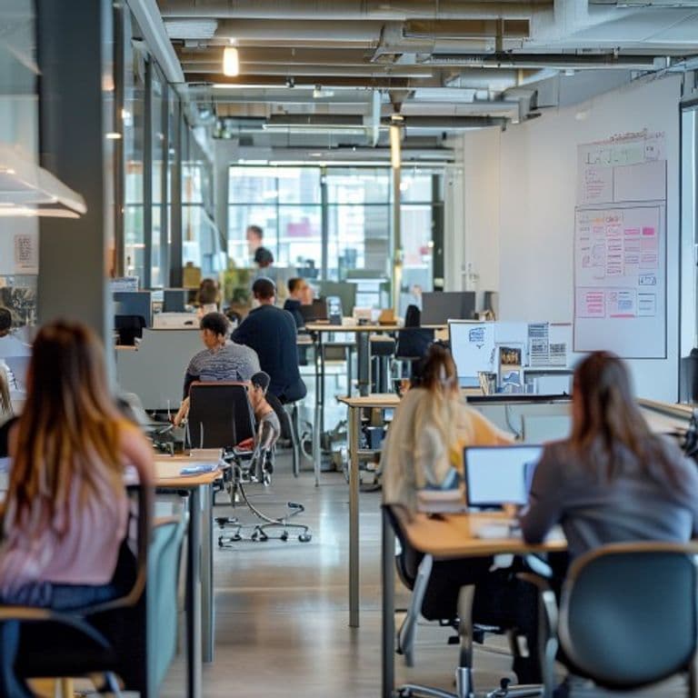 Ambiente de escritório moderno com profissionais diversos colaborando, alguns usando laptops com interfaces de IA
