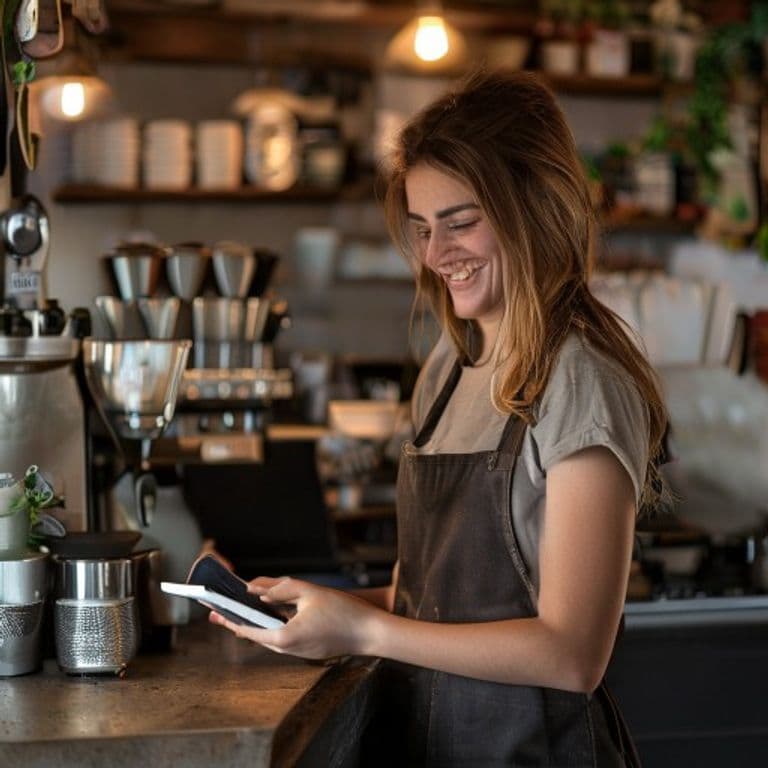 Pequeno empreendedor sorrindo enquanto usa laptop em café aconchegante, gráficos financeiros e posts de redes sociais visíveis na tela